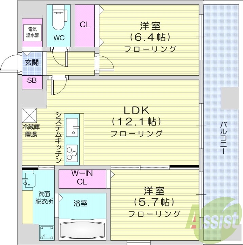 2DK、ガス給湯、エアコン、角部屋、床暖房、独立洗面台