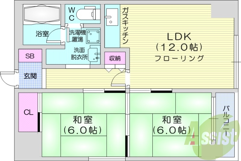 2LDK、収納、洗濯機置場、灯油暖房、バストイレ別