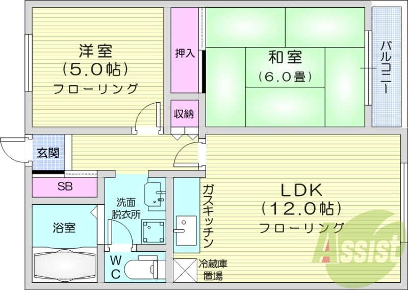2LDK、収納、洗濯機置場、灯油暖房、バストイレ別