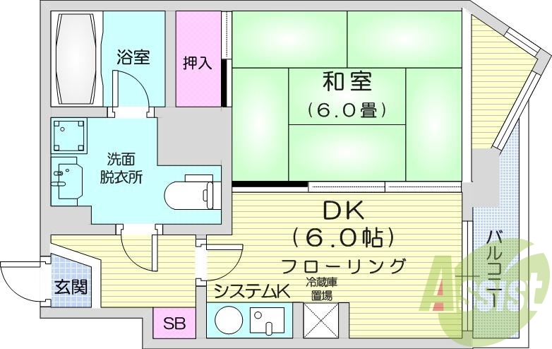 1DK、灯油暖房、オートロック、脱衣所