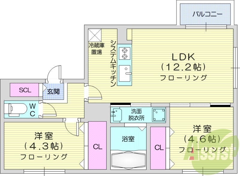 2LDK、都市ガス、エアコン、システムキッチン、宅配ボックス