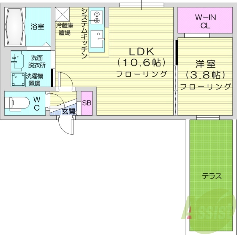 1LDK、都市ガス、エアコン、システムキッチン、宅配ボックス