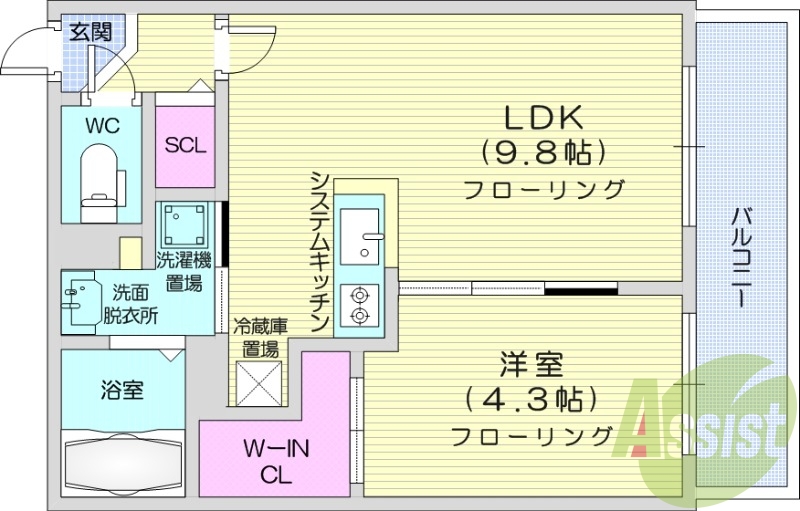 1LDK、都市ガス、エアコン、システムキッチン、宅配ボックス