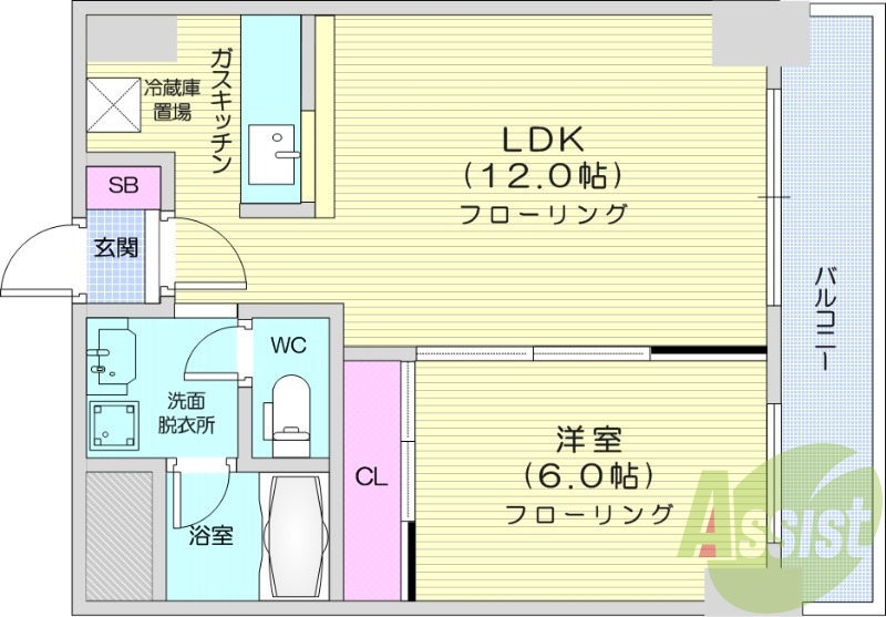 １LDK、エアコン、バルコニー、シャワートイレ、対面キッチン