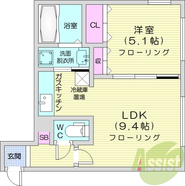 1LDK、都市ガス、トランクルーム、オートロック、浴室乾燥機