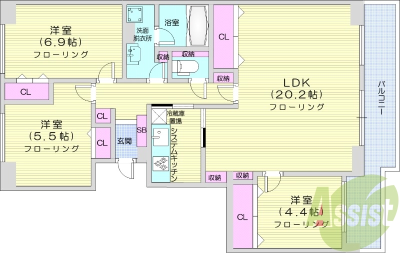 3LDK、都市ガス、システムキッチン、追い炊き