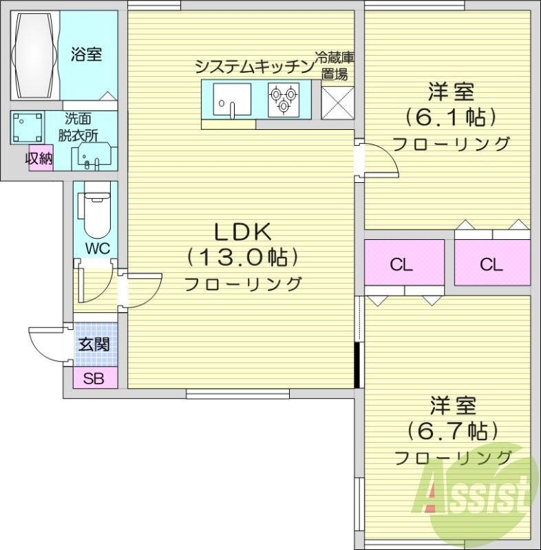 2LDK、システムキッチン、トランクルーム、灯油暖房