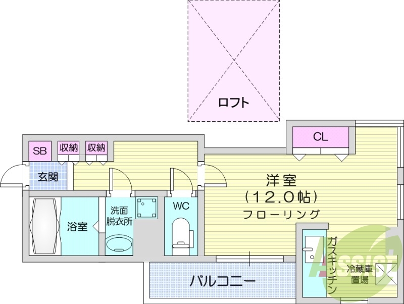 1R、角部屋、バストイレ別、オートロック、モニターホン