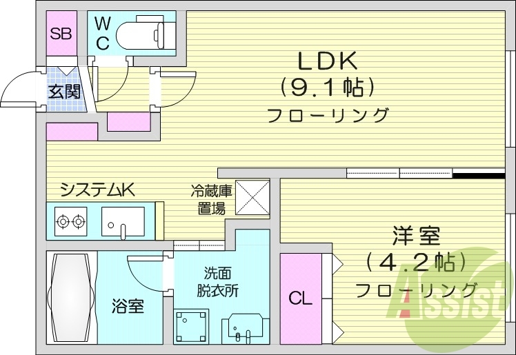 1LDK、エアコン、システムキッチン