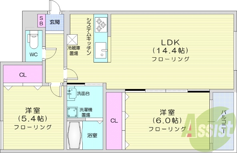 2LDK、エアコン、独立洗面台、システムキッチン、灯油暖房