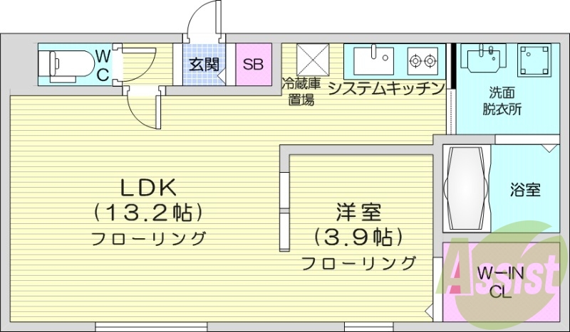 1LDK、エアコン、都市ガス、システムキッチン