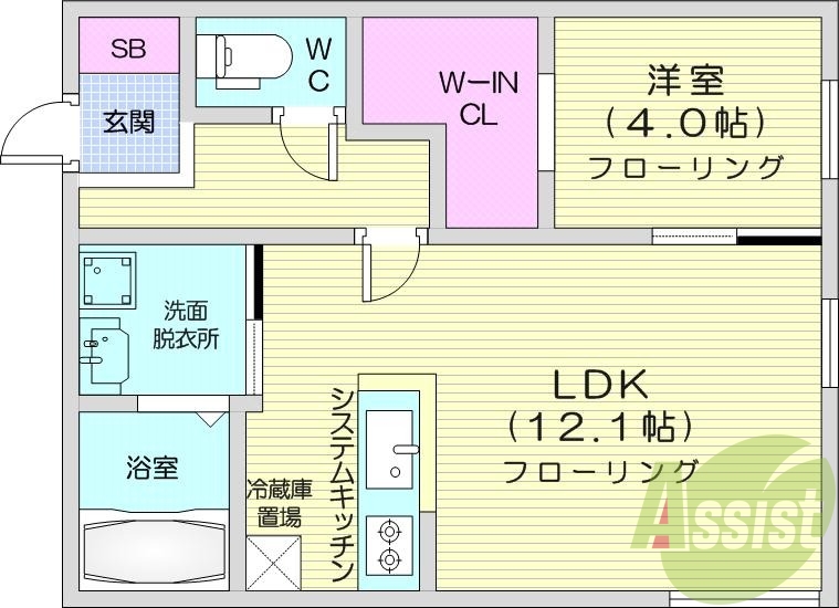 1LDK、エアコン、都市ガス、システムキッチン
