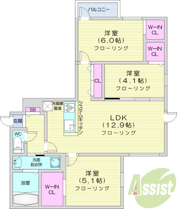 3LDK、エアコン、都市ガス、システムキッチン
