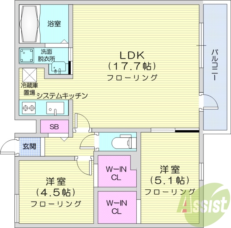 2LDK、エアコン、都市ガス、システムキッチン