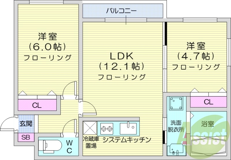 2LDK、エアコン、都市ガス、ネット無料