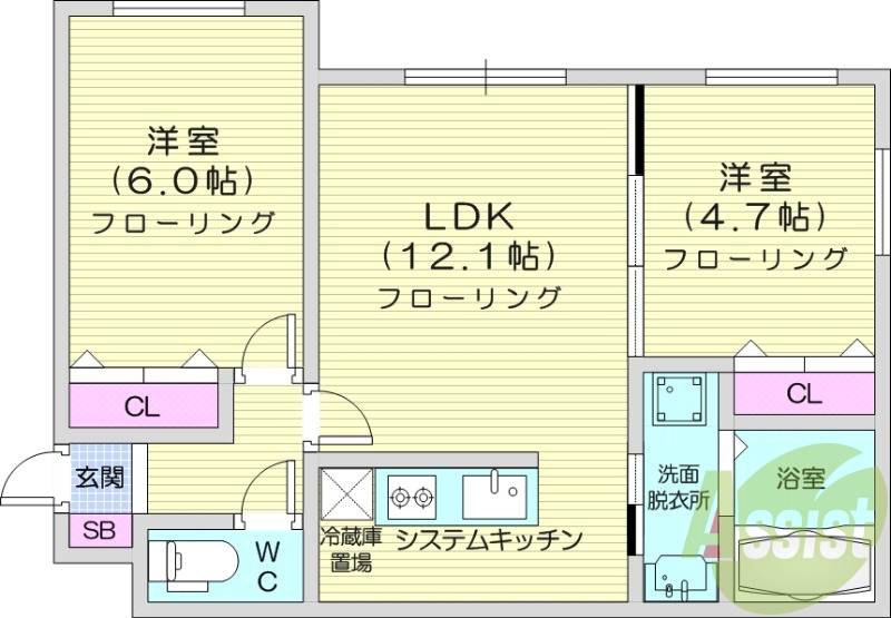 2LDK、エアコン、都市ガス、ネット無料