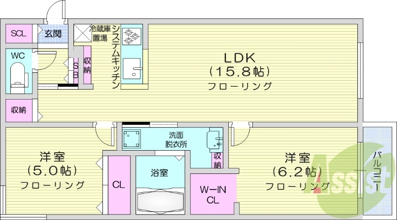 2LDK、エアコン、都市ガス、追い焚き、浴室乾燥機