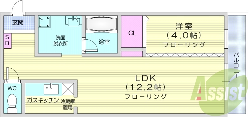 1LDK、バルコニー、独立洗面台、バストイレ別