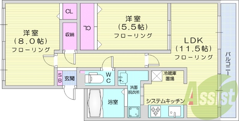 2LDK、都市ガス、システムキッチン、エアコン