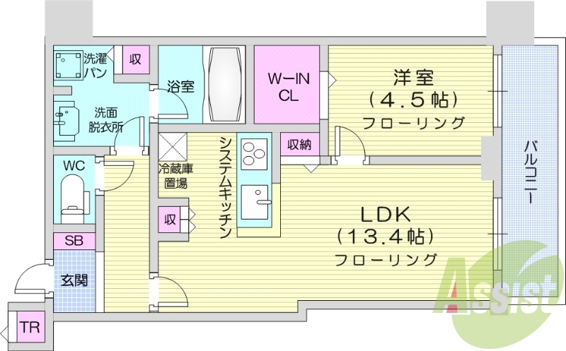 1LDK、システムキッチン、シャワートイレ、追い焚き