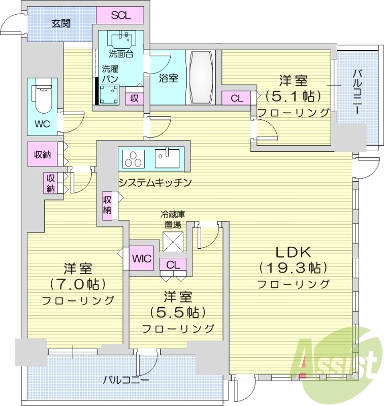 3LDK、システムキッチン、シャワートイレ、追い焚き