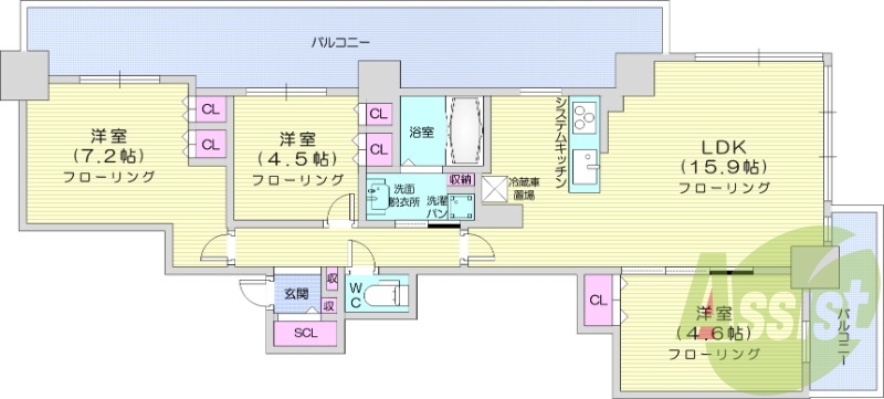 3LDK、システムキッチン、床暖房、シャワートイレ