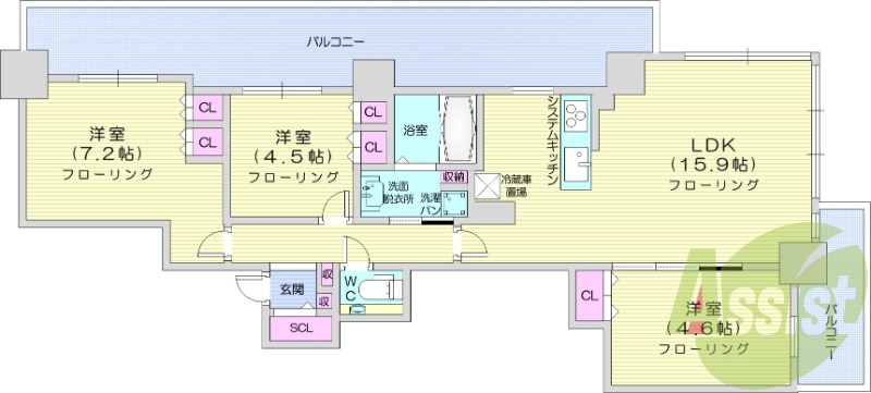 3LDK、システムキッチン、床暖房、シャワートイレ