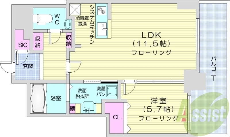 1LDK、都市ガス、追い焚き、浴室乾燥、システムキッチン