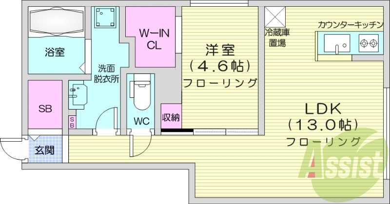 1LDK、エアコン、都市ガス、システムキッチン