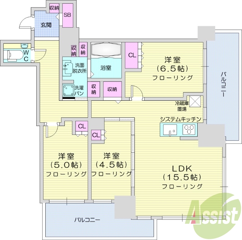 3LDK、都市ガス、追い焚き、浴室乾燥、システムキッチン