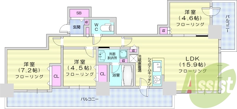 3LDK、分譲賃貸、床暖房、エアコン、食洗器、追い焚き