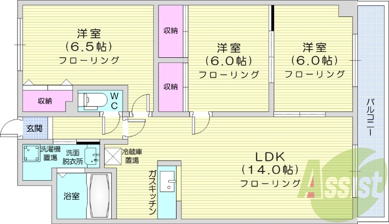 3LDK、エアコン、モニタ付インターホン、エレベーター