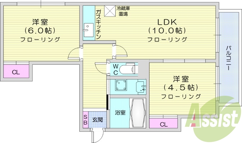 2LDK、エアコン、独立洗面台、シャワートイレ