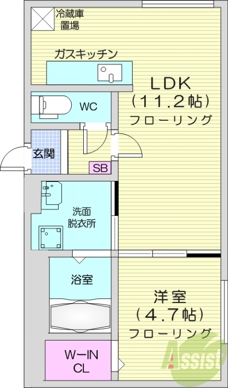 1LDK、エアコン、都市ガス、ネット無料