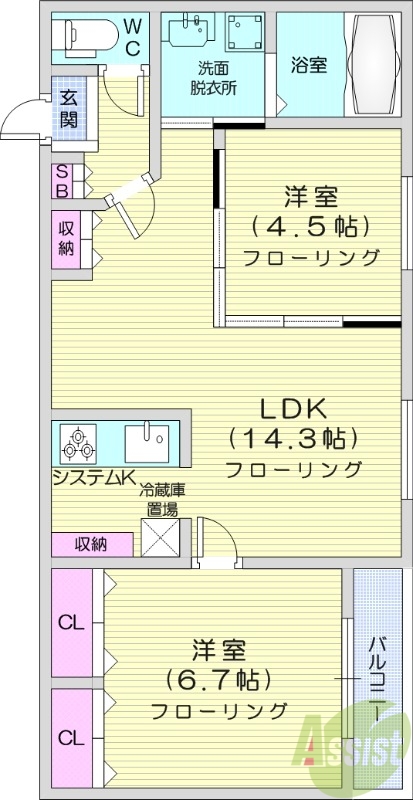 2LDK、都市ガス、エアコン、浴室乾燥機、追い焚き