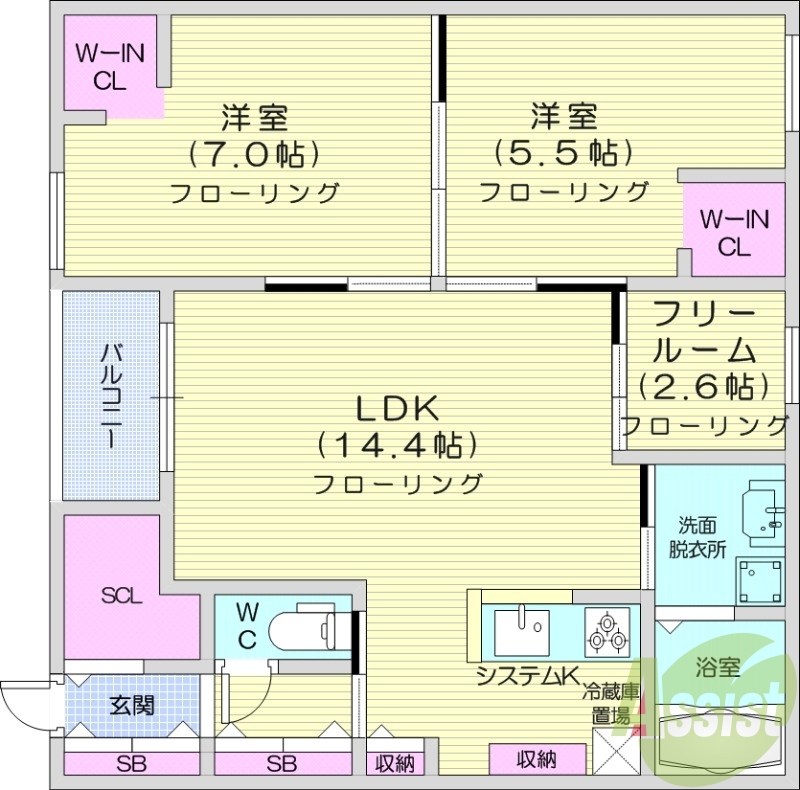 2LDK、都市ガス、エアコン、浴室乾燥機、追い焚き