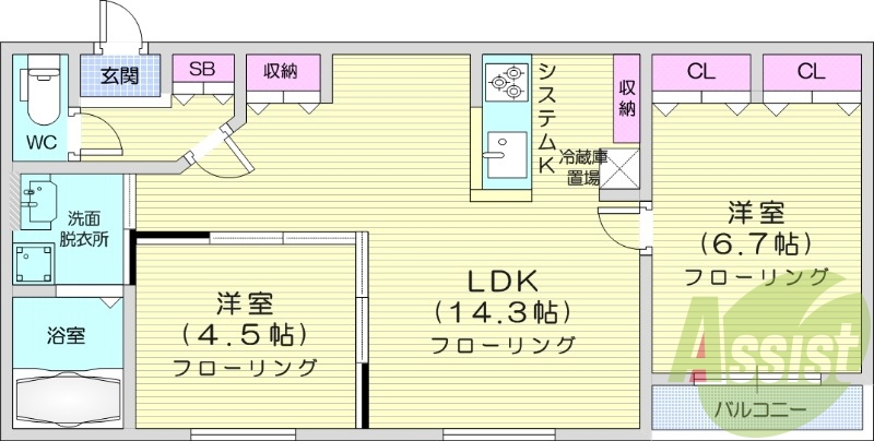 2LDK、都市ガス、エアコン、浴室乾燥機、追い焚き