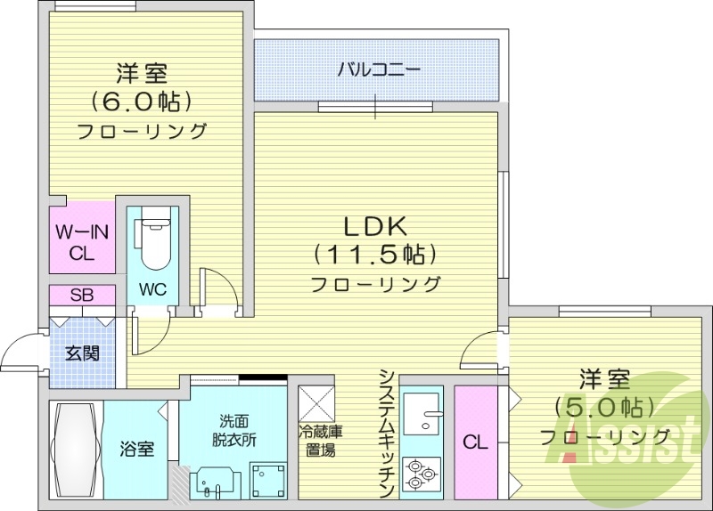 2LDK、都市ガス、エアコン、浴室乾燥機、追い焚き