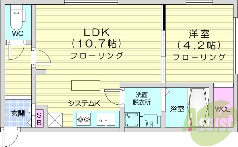 1LDK、エアコン、システムキッチン、灯油暖房