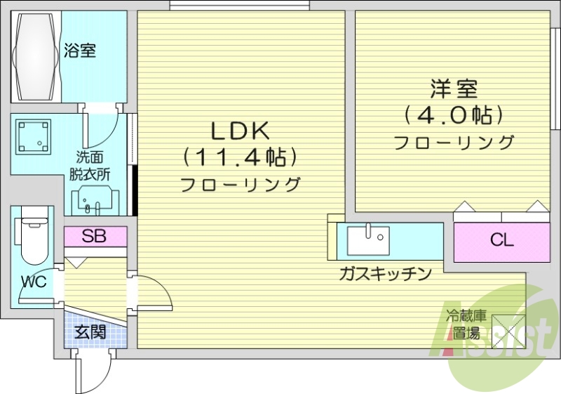 1LDK、エアコン、都市ガス、ペット飼育可