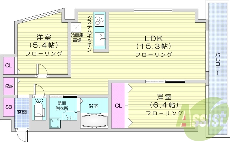 2LDK、エレベーター、追い焚き、システムキッチン
