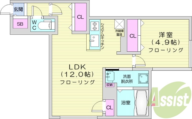 1LDK、エアコン、都市ガス、システムキッチン