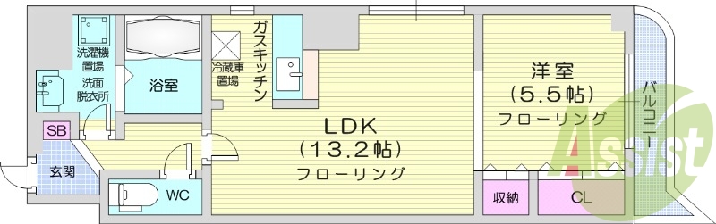 1LDK、オートロック、都市ガス、バストイレ別
