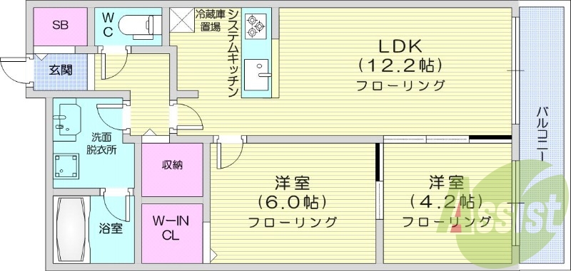 2LDK、都市ガス、エアコン、システムキッチン