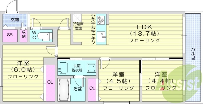 3LDK、都市ガス、エアコン、システムキッチン