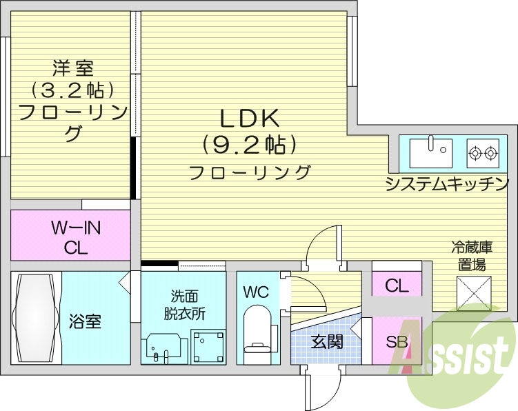 1LDK、エアコン、システムキッチン、独立洗面台