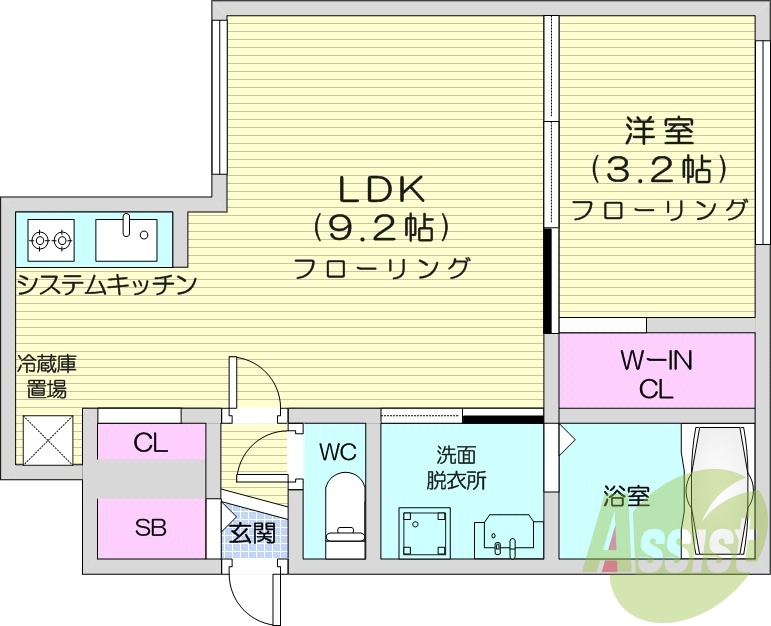 1LDK、エアコン、システムキッチン、独立洗面台