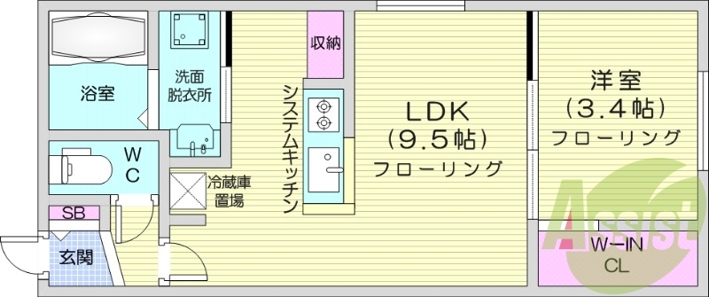 1LDK、エアコン、システムキッチン、独立洗面台