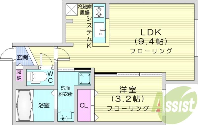 1LDK、エアコン、システムキッチン、独立洗面台