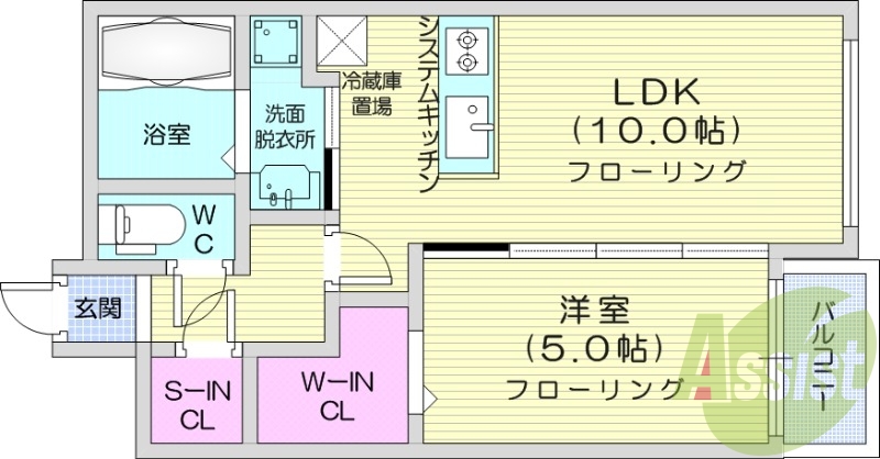 1LDK、都市ガス、エアコン、システムキッチン